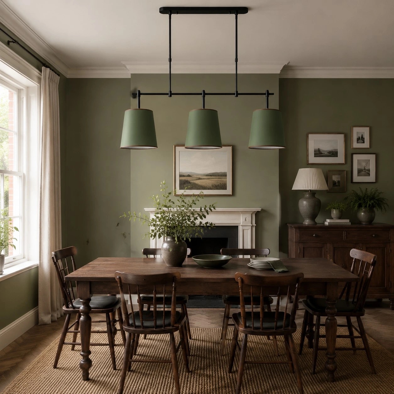 Lustre linéaire Dumora à abat-jour vert dans une salle à manger