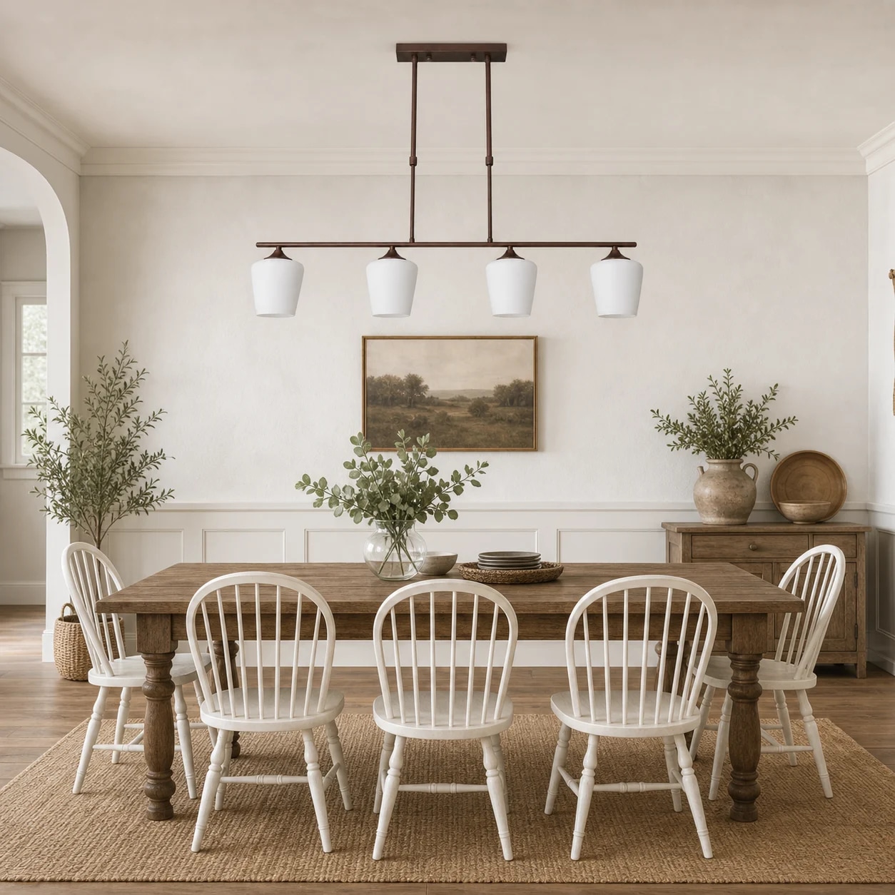 Lustre Strellux brun café au-dessus d'une table à manger de style campagnard