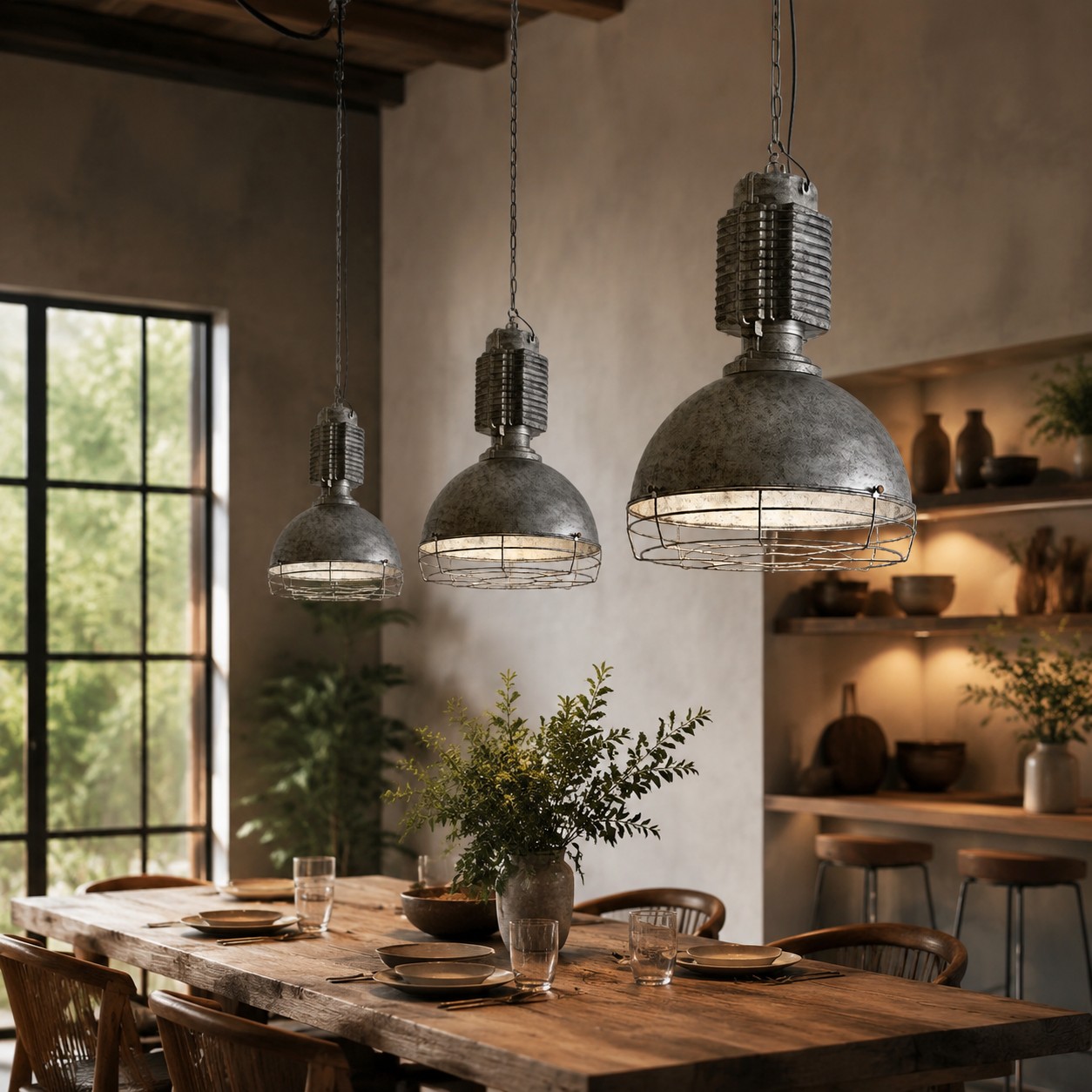 Suspensions de style industriel au-dessus d'une table à manger