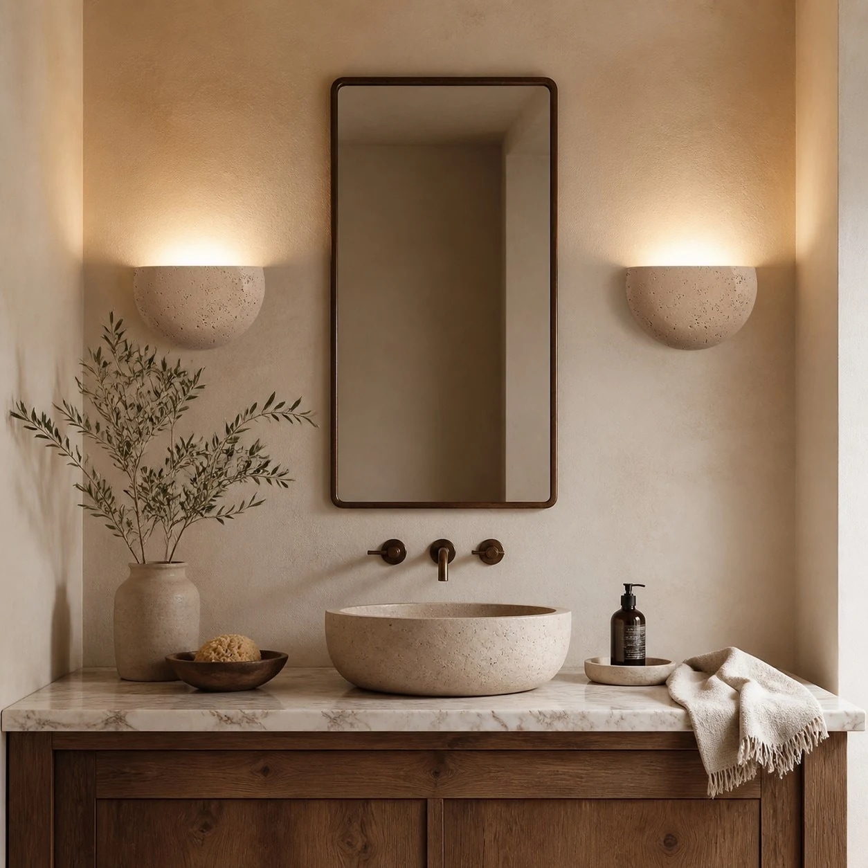 Off-white wall sconce used beside a vanity mirror