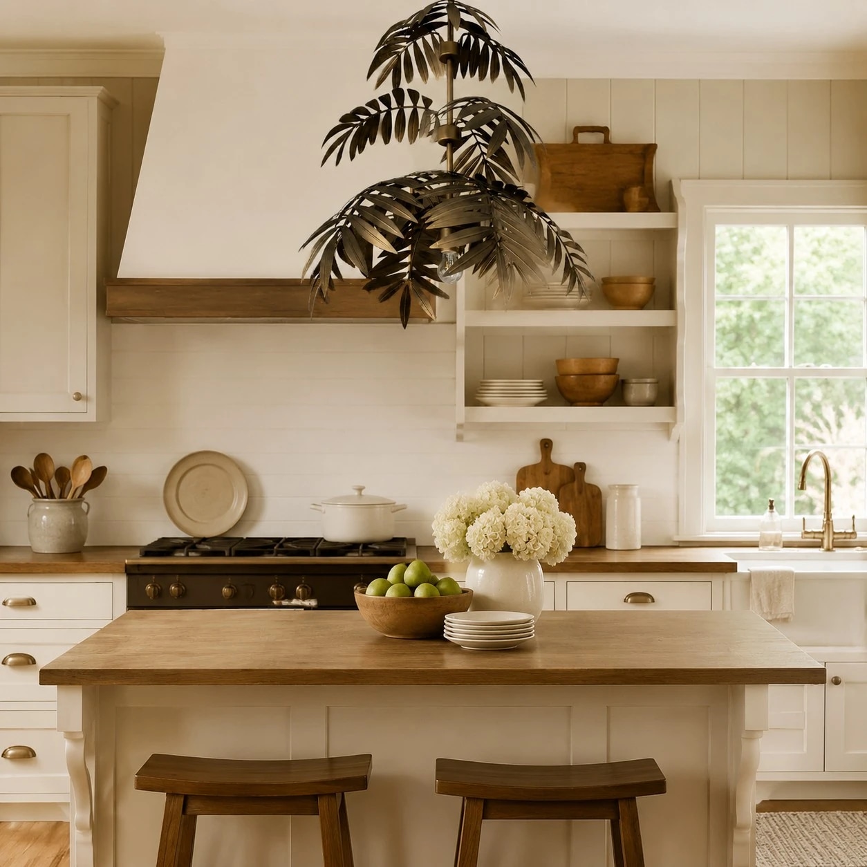 Lustre ancien en bronze à feuilles de palmier dans une cuisine de campagne
