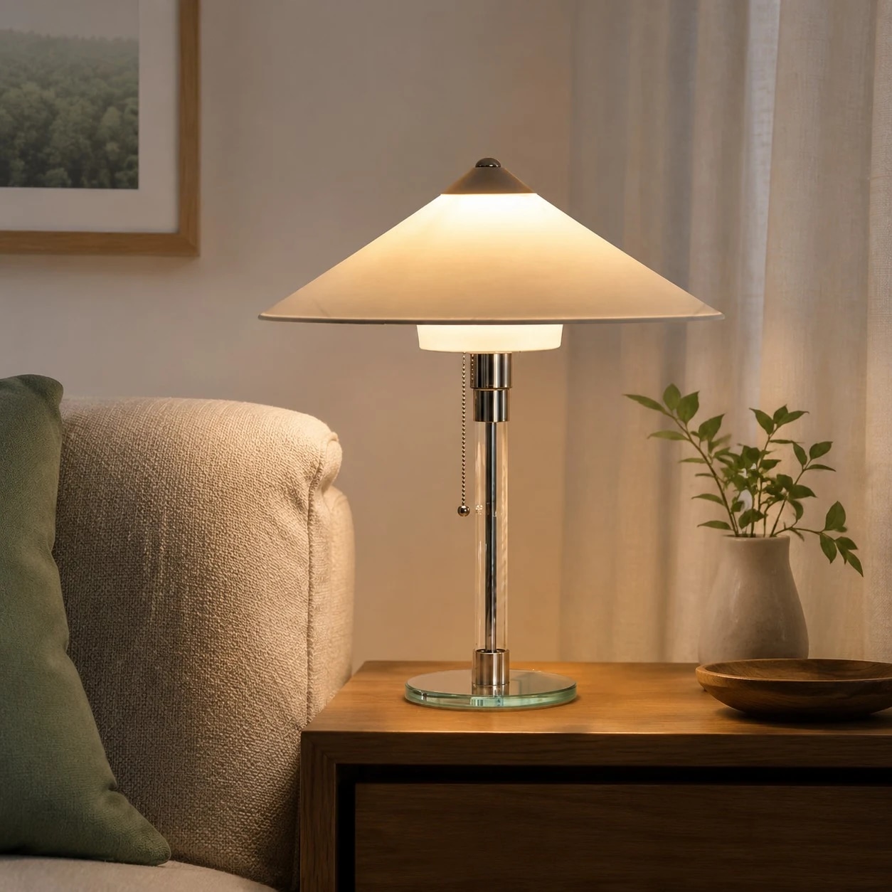 Warme Tischlampe auf einem Beistelltisch aus Holz neben einem Sofa