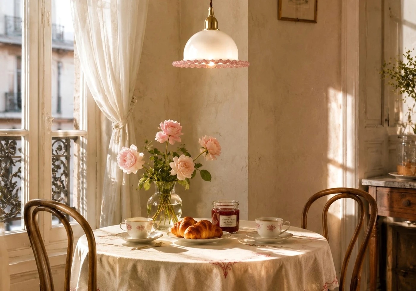 suspension en verre ondulé au-dessus d'une table à manger ronde