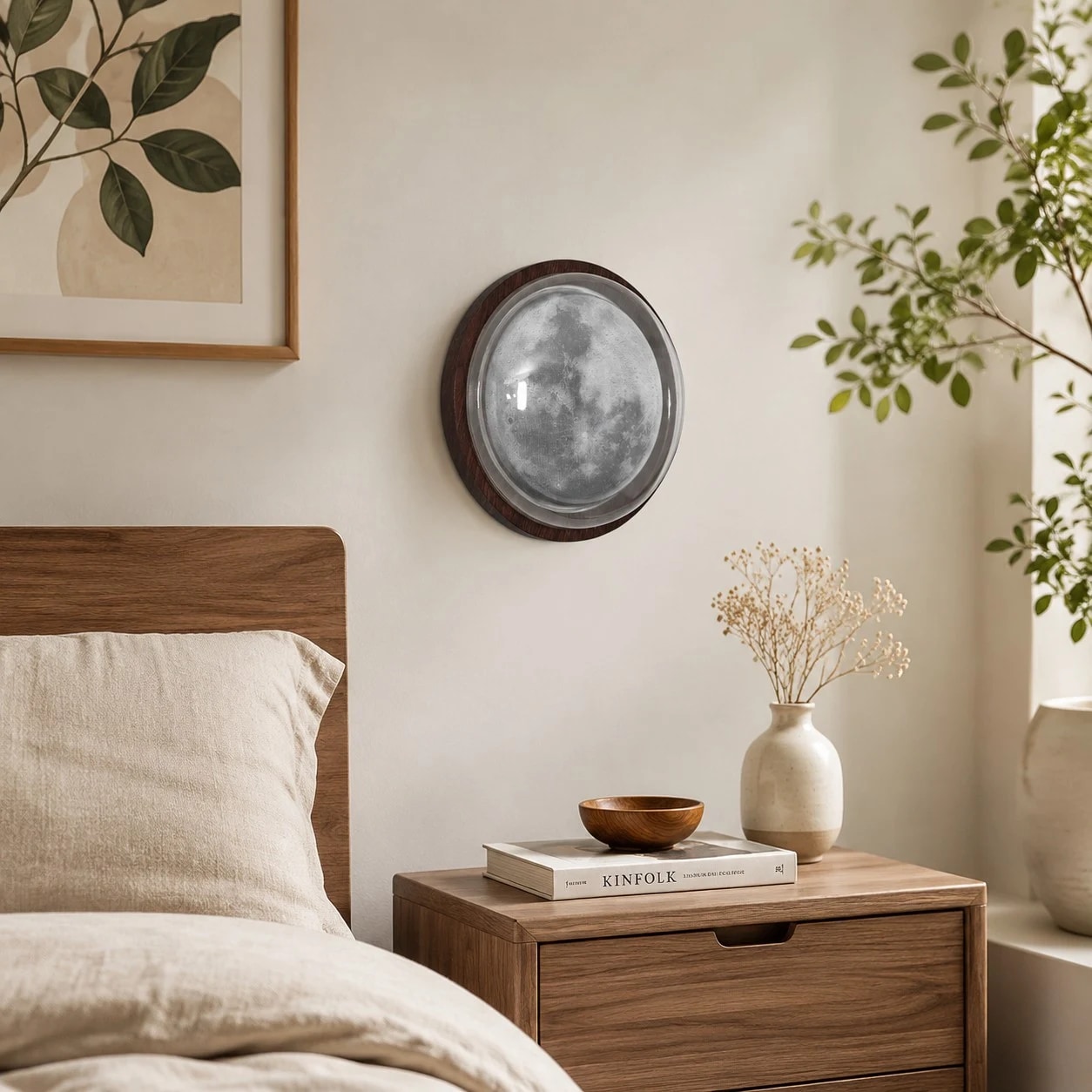 moon wall lamp installed beside a bedroom bed
