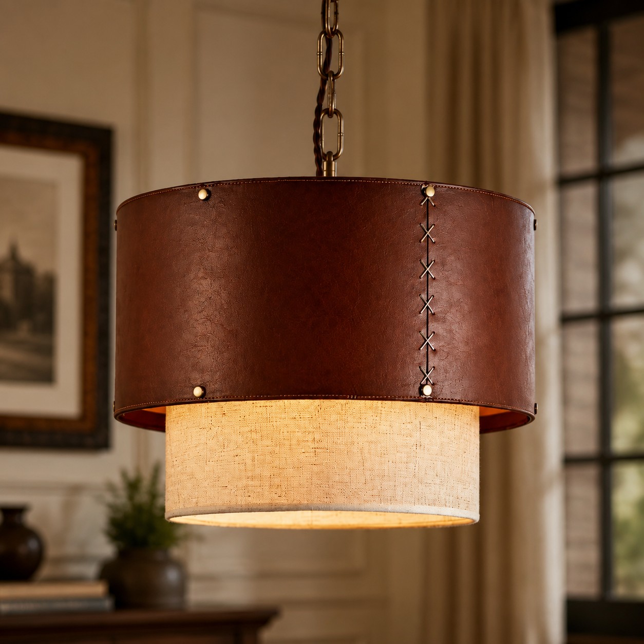 Suspension en cuir marron utilisée dans une scène d'intérieur chaleureuse