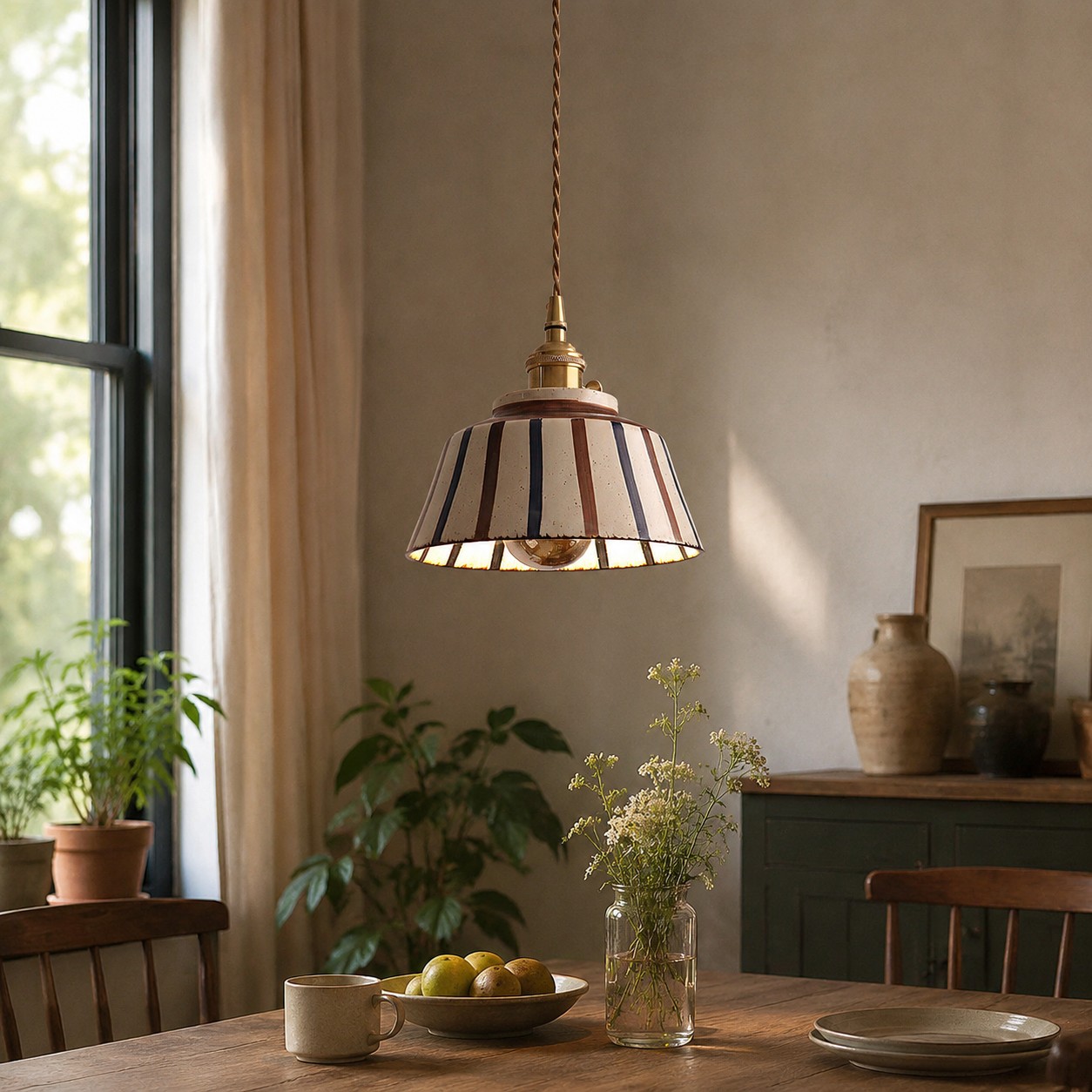 Lampada a sospensione in ceramica a righe accanto a una finestra illuminata da una luce soffusa.