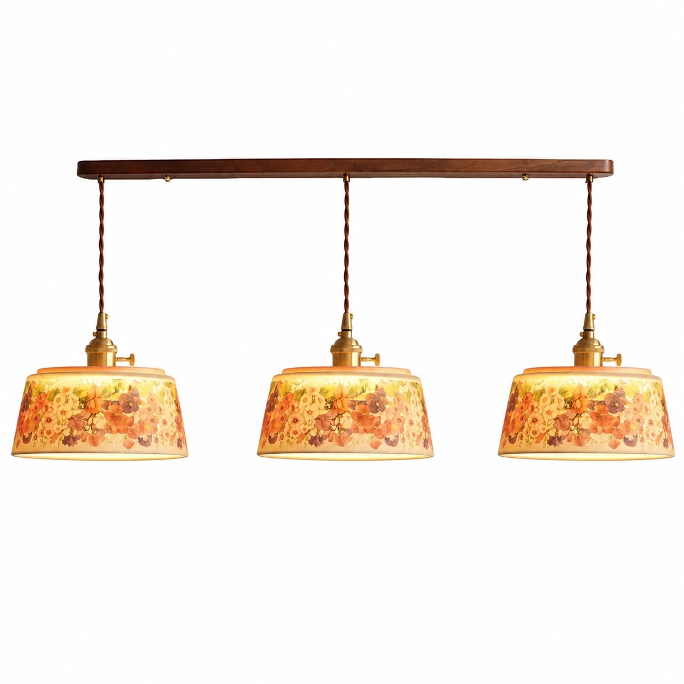 Optie voor een keramische hanglamp met drie lichtpunten en bloemmotief