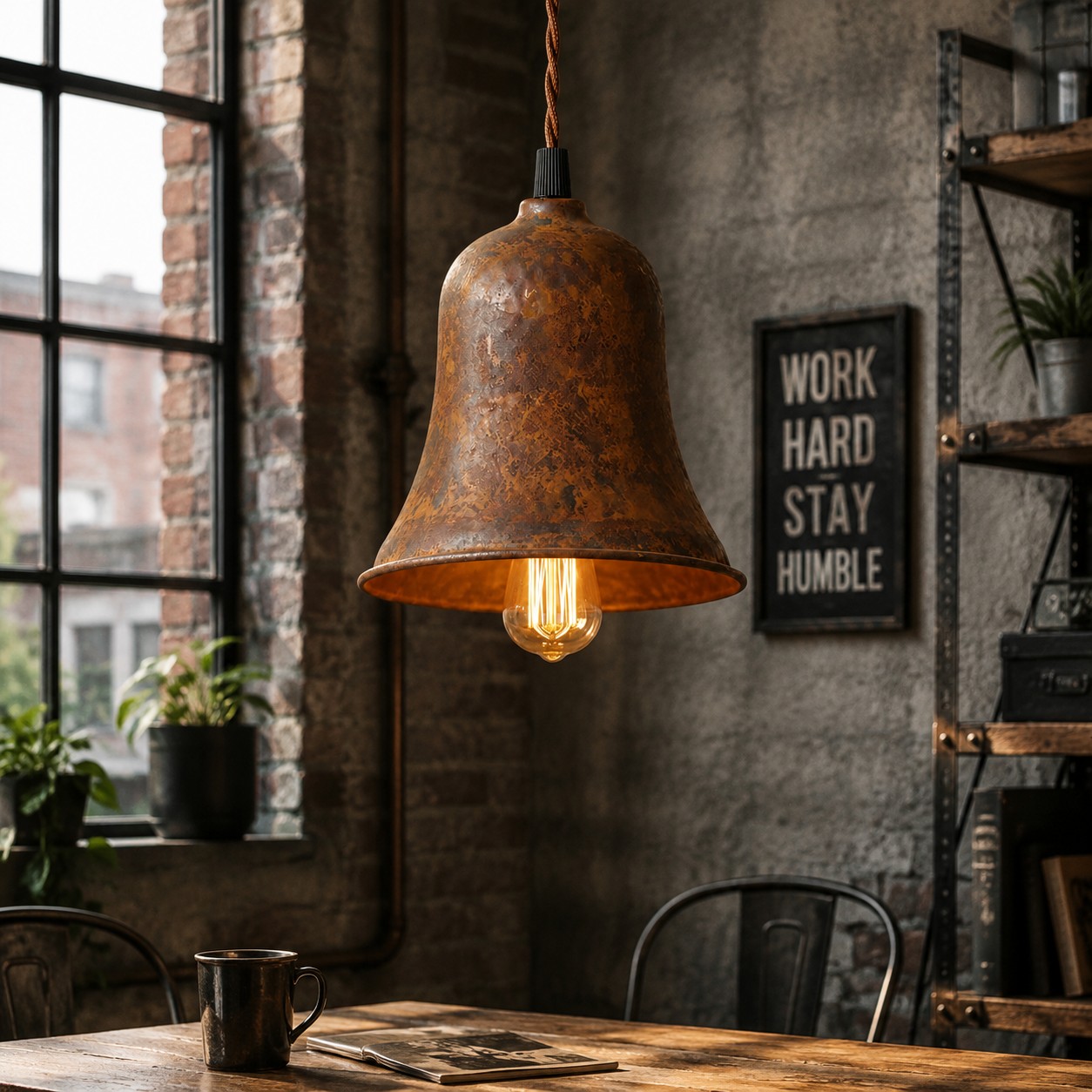 Suspension cloche rouille près d'un intérieur en brique et métal