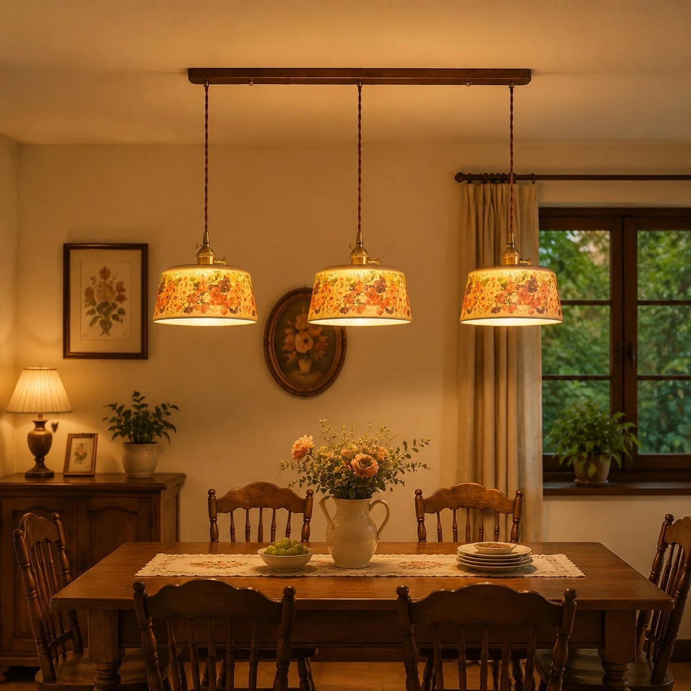 Drielichts keramische hanglamp met bloemmotief boven een eettafel.