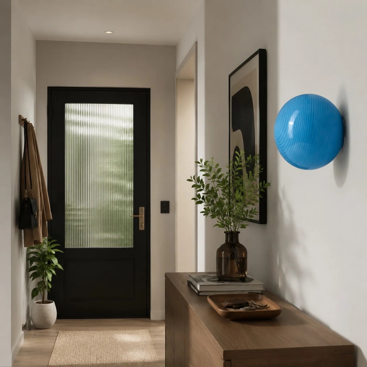 Blue round wall light in an entryway