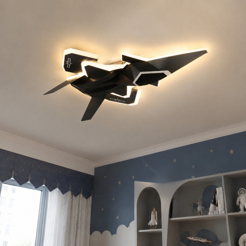 LED-plafondlamp in de vorm van een straaljager voor de kinderkamer.