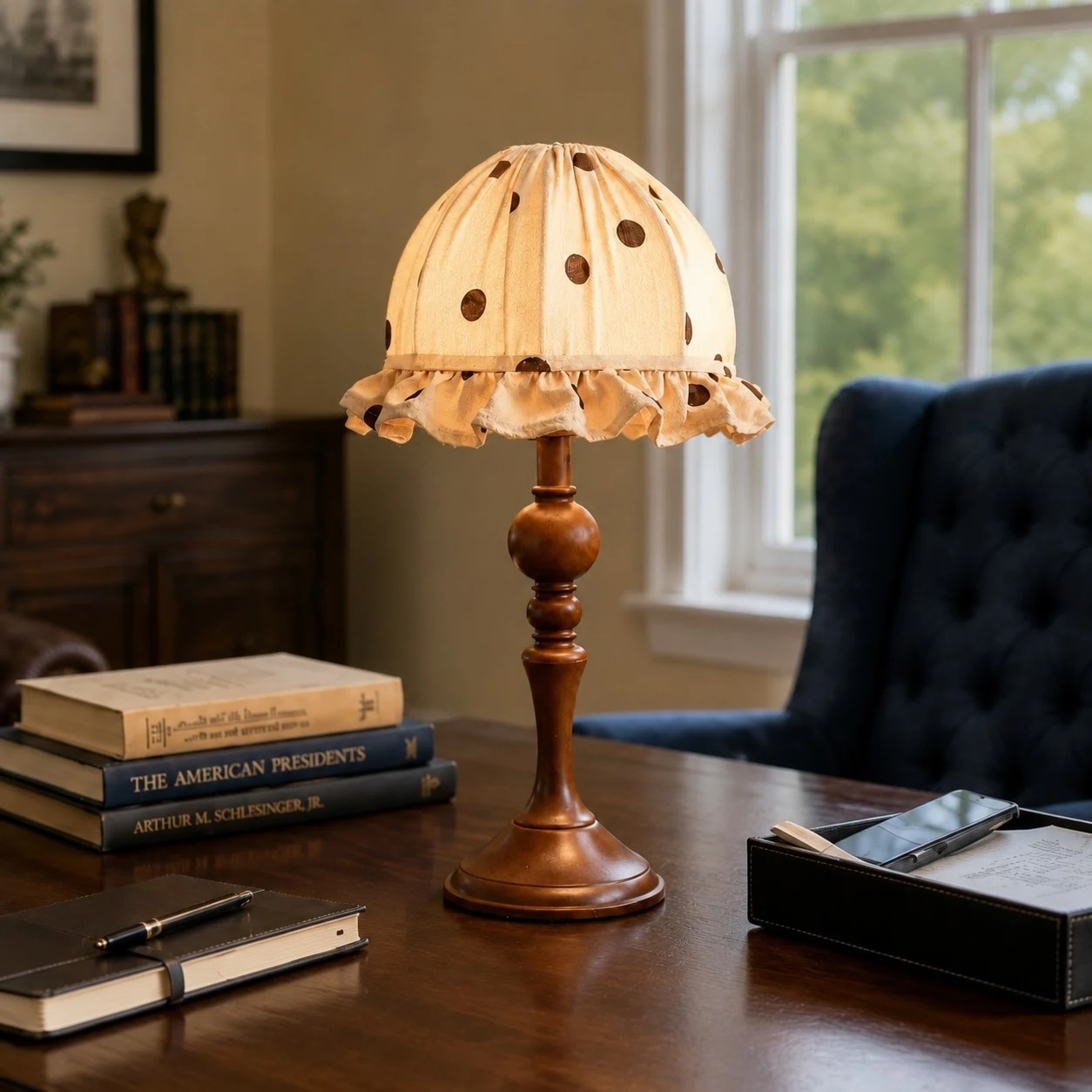 Lampe de table allumée dans un bureau confortable