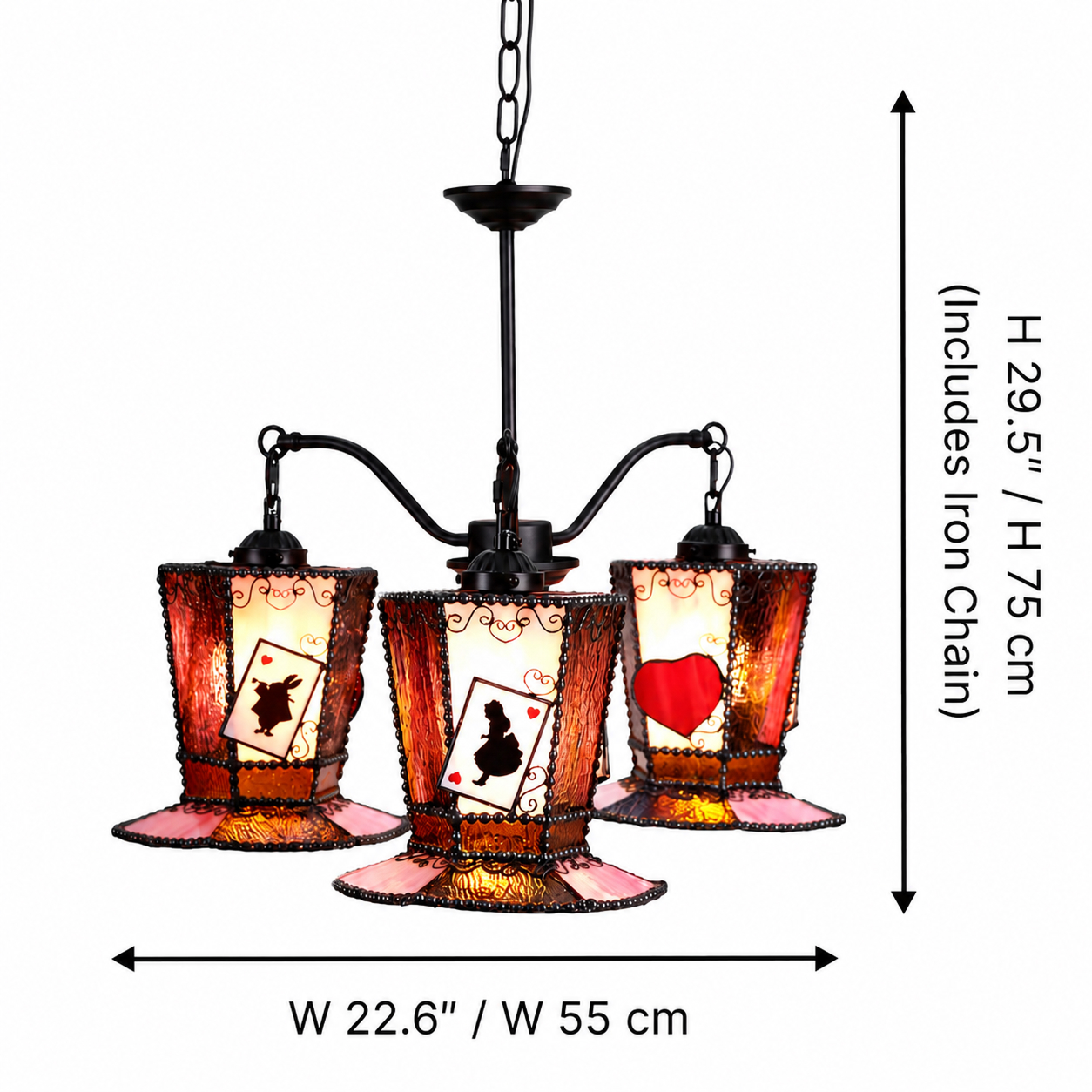 Dimensions du lustre : largeur 57,4 cm et hauteur 74,9 cm, chaîne en fer comprise