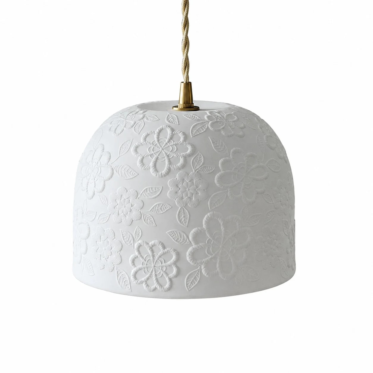 Lámpara colgante de latón con diseño floral blanco y cuenco