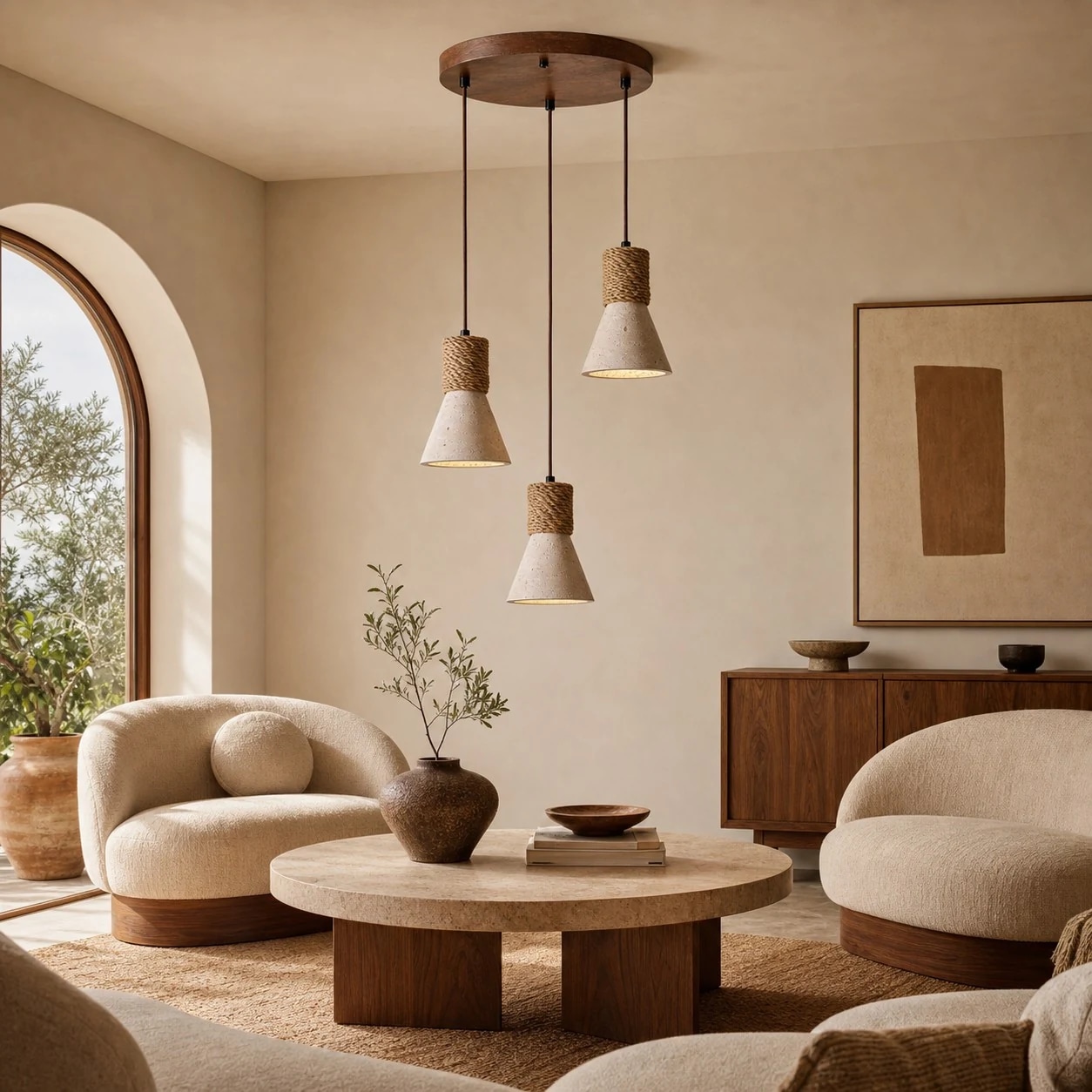 Three-light round pendant in a living room