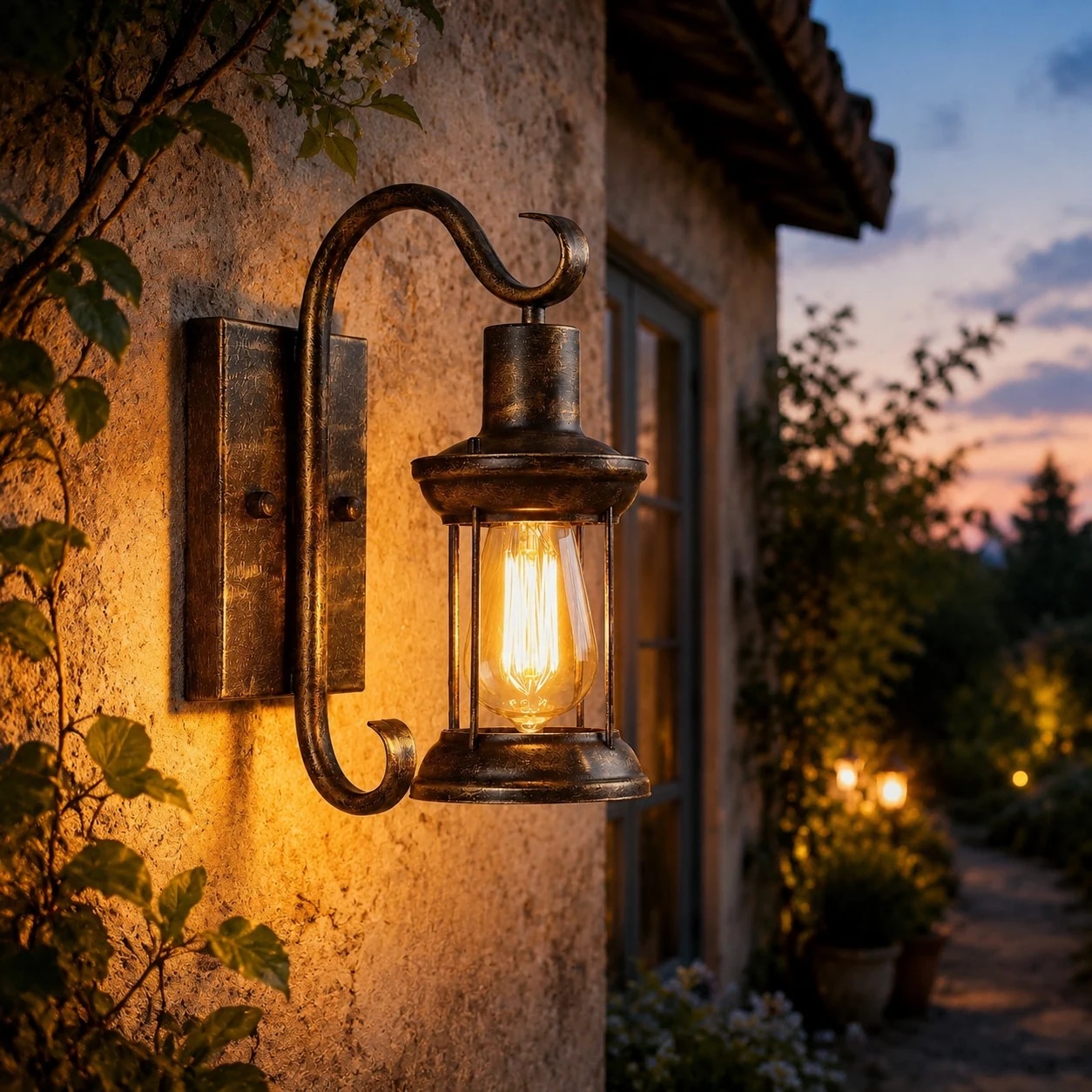 Antique bronze outdoor wall lantern glowing beside an entry wall at dusk