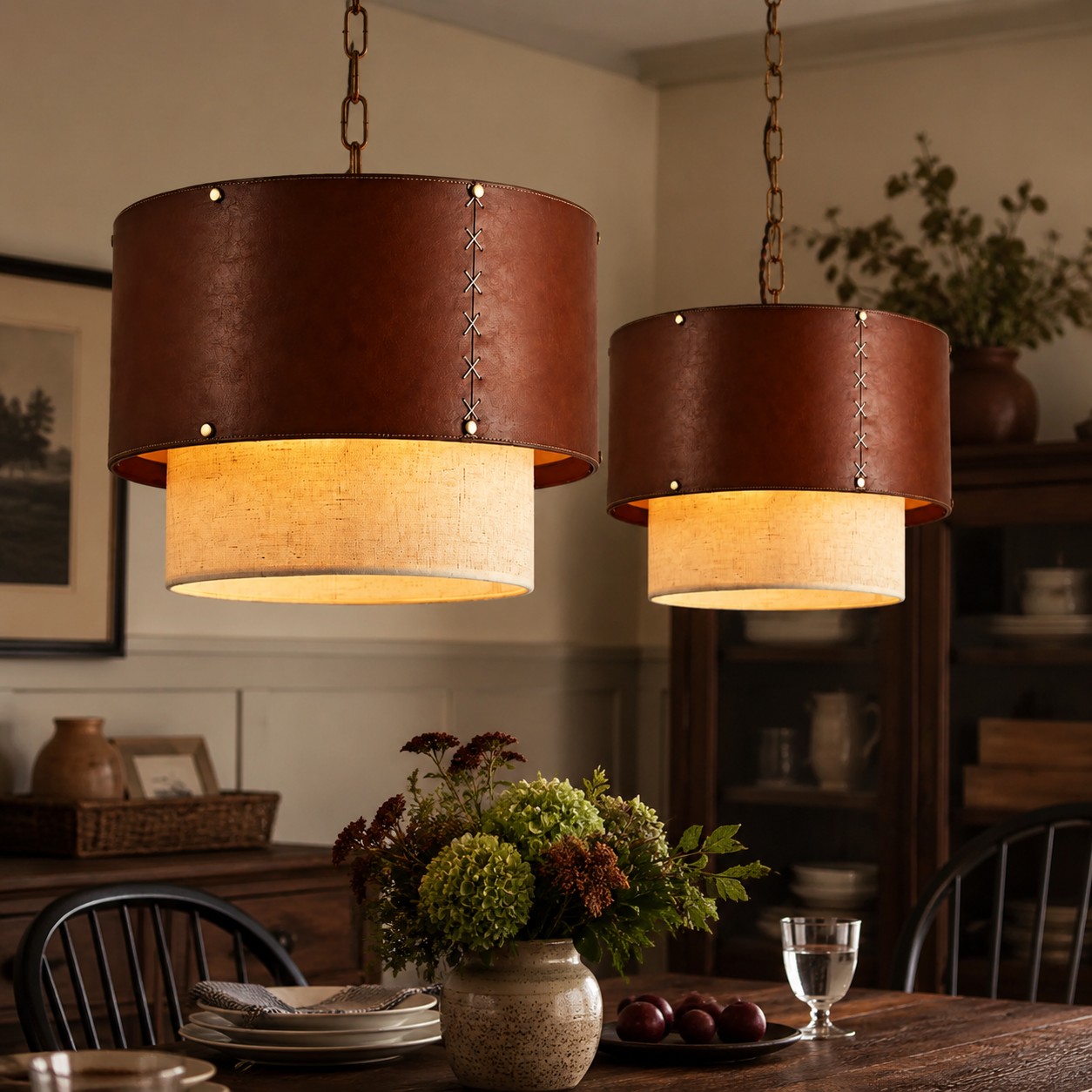 Suspension d'abat-jour tambour en cuir marron dans un intérieur cosy