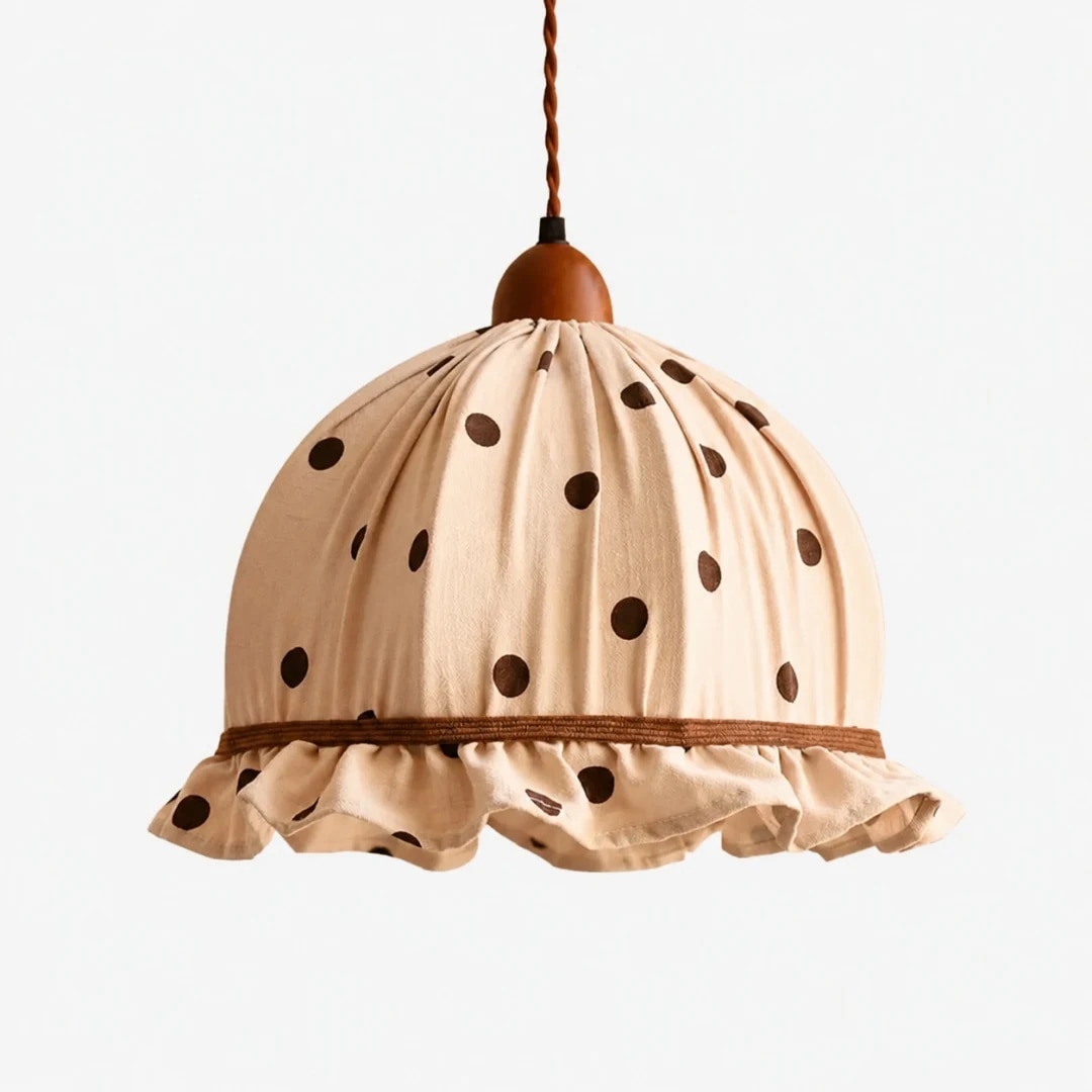Lampe suspendue à pois en bois gris clair et tissu - Vue produit