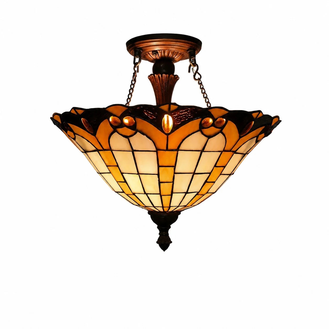 Lámpara de techo empotrable de 40 cm con 2 luces, acabado en cobre rojo antiguo y concha plateada.