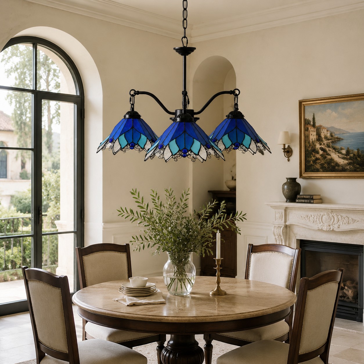 Lustre à quatre lumières en vitrail dans une pièce