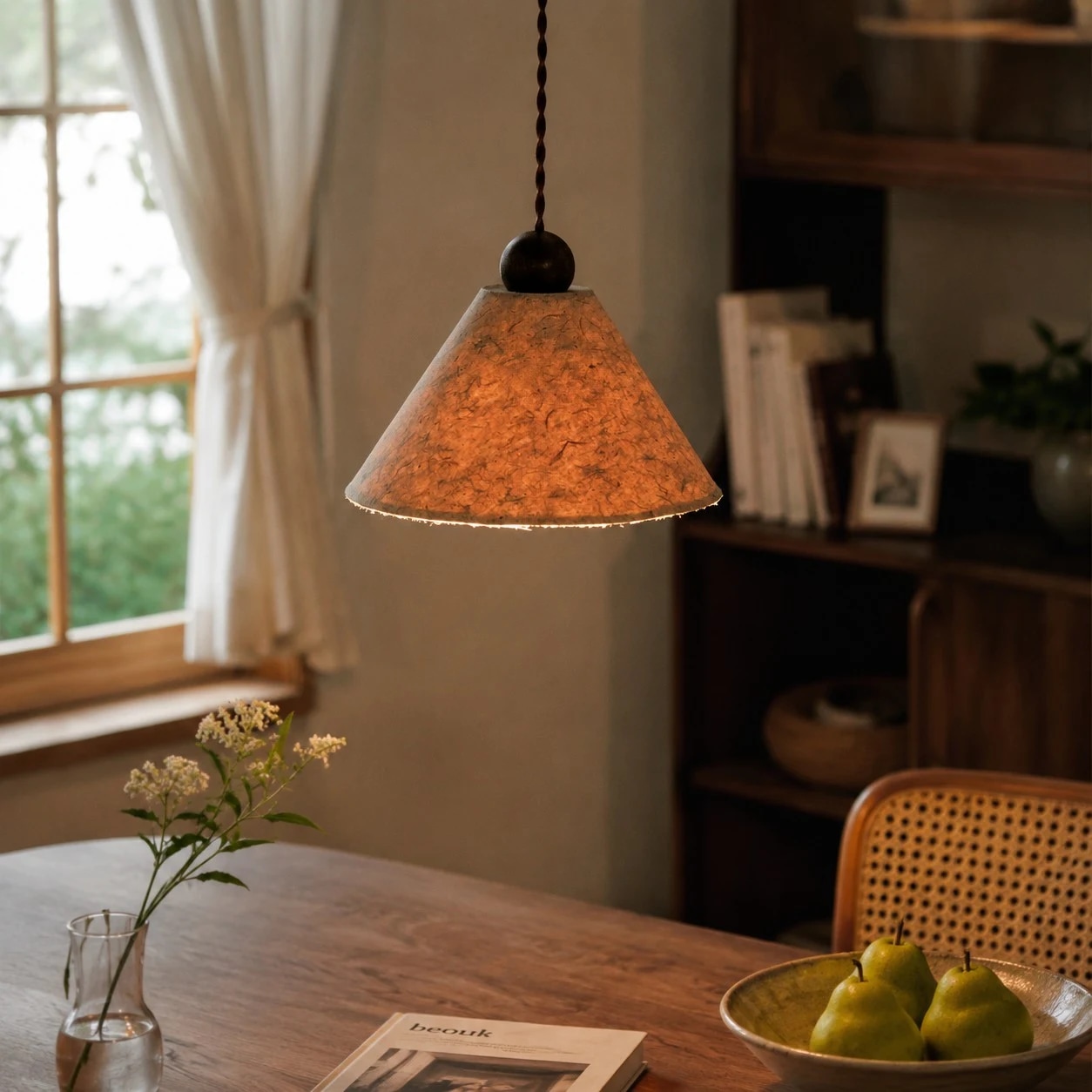 Warm natural paper pendant lamp installed over a dining table