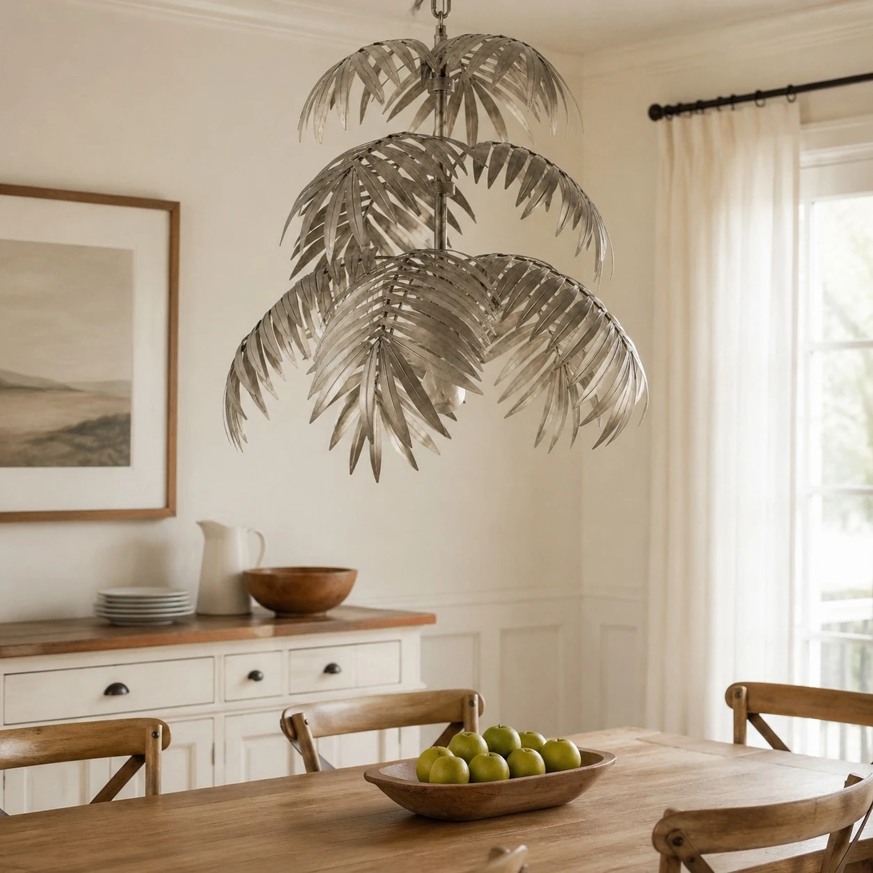 Lustre argenté en forme de feuille de palmier dans une salle à manger