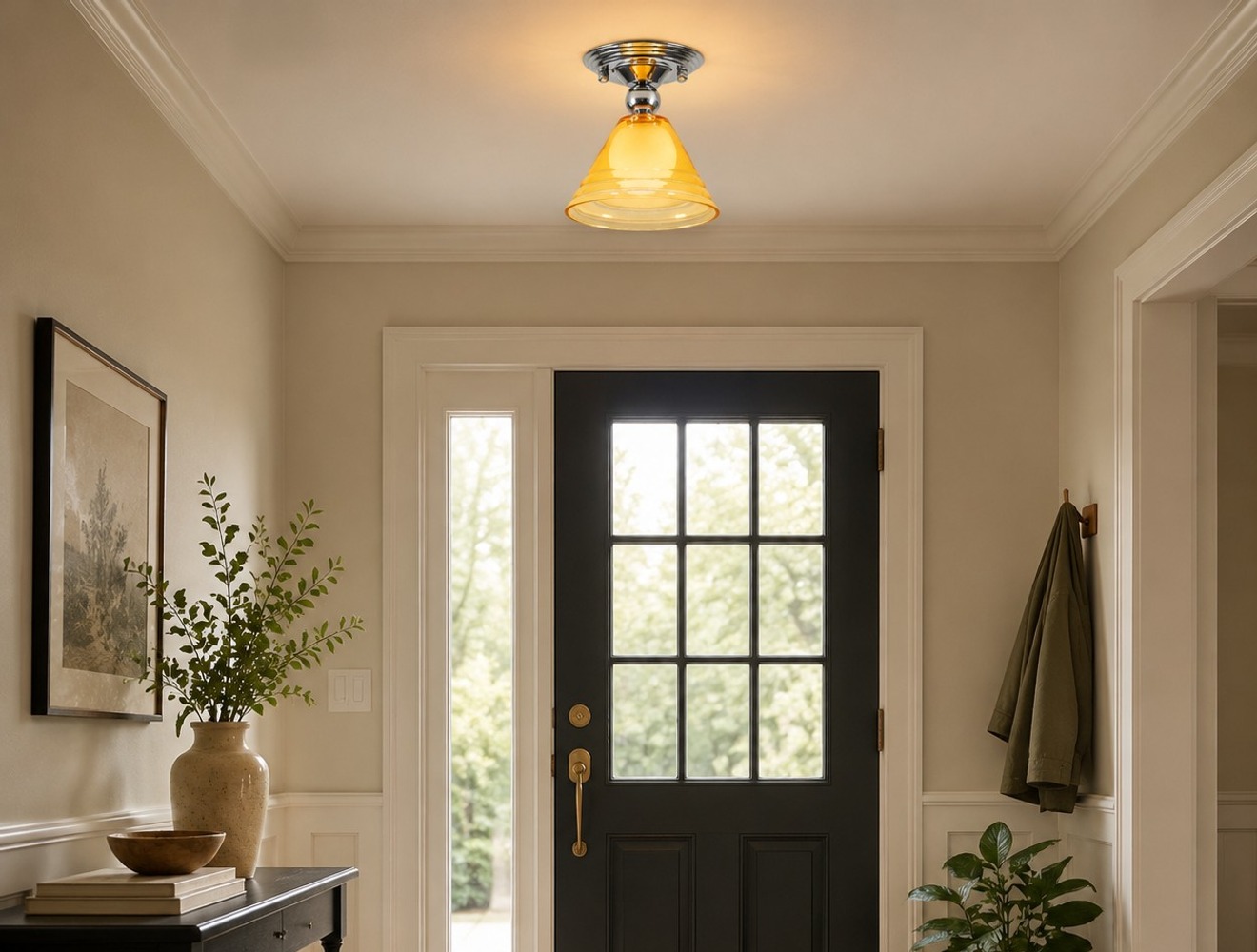 Lámpara de techo de cristal amarillo claro con florón cromado en un ambiente de habitación.
