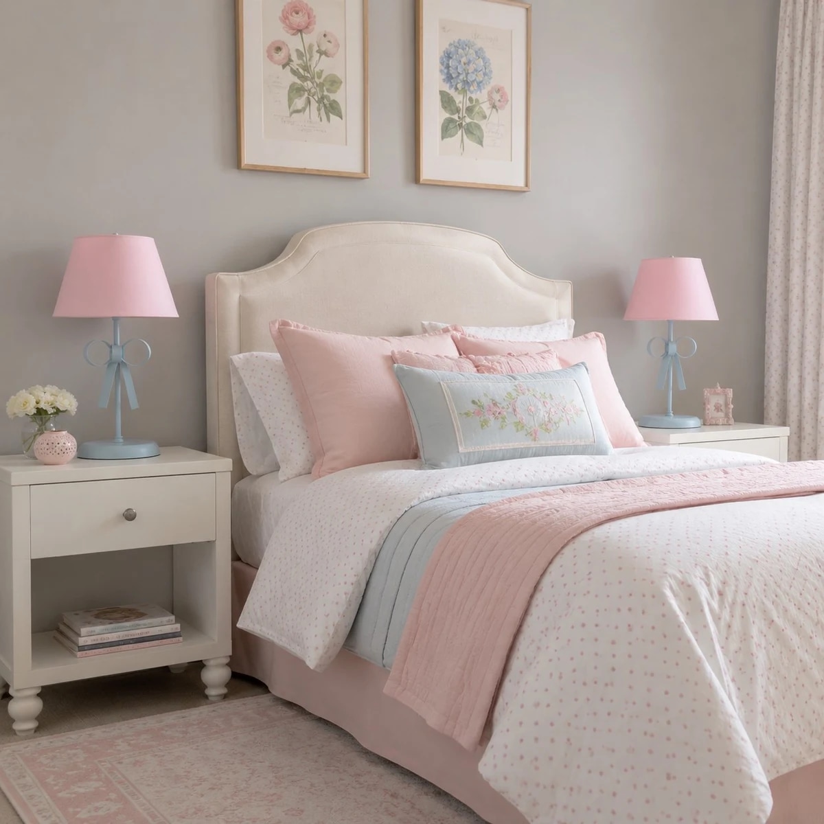 Dormitorio en tonos pastel con lámparas de mesa decorativas con forma de lazo en las mesitas de noche.