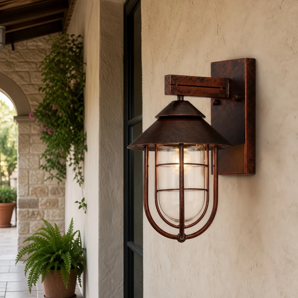 Wall lantern mounted beside a covered exterior entry