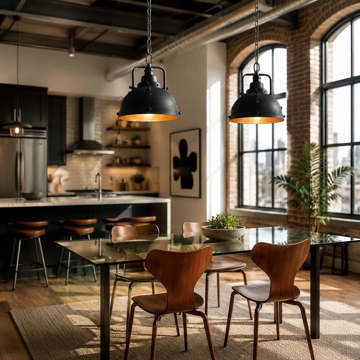 Un élément central chaleureux au style industriel, idéal pour les salles à manger, les cuisines et les lofts.