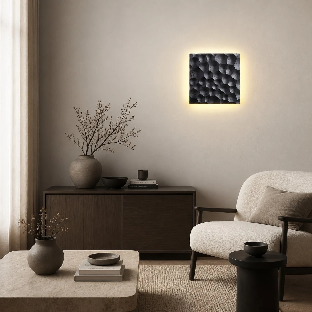 Applique quadrata in travertino da utilizzare come illuminazione ambientale da comodino.