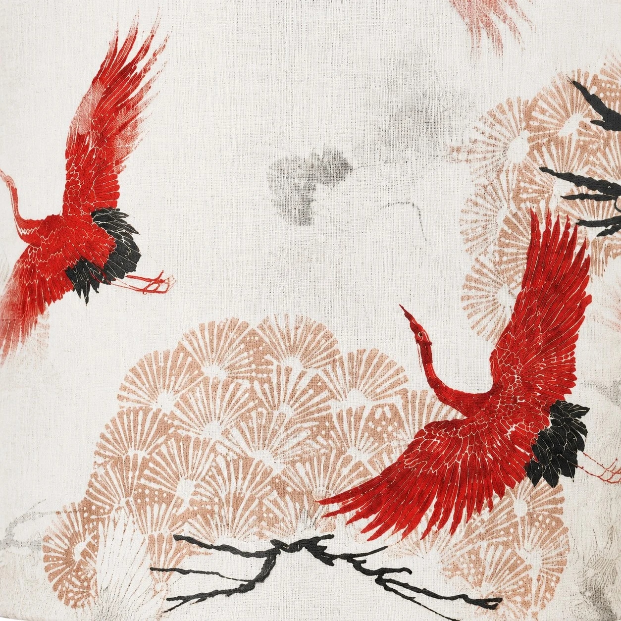 Close detail of crane-pattern fabric lampshade