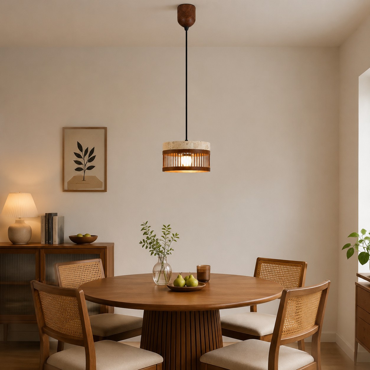 Vintage travertine metal pendant light over a dining setting