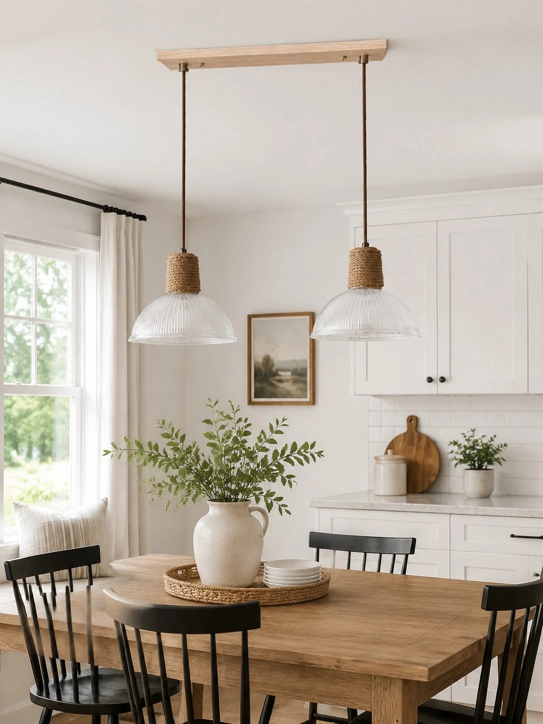 Hanglamp met twee lampen, gemaakt van geweven touw en glas, boven een eettafel.