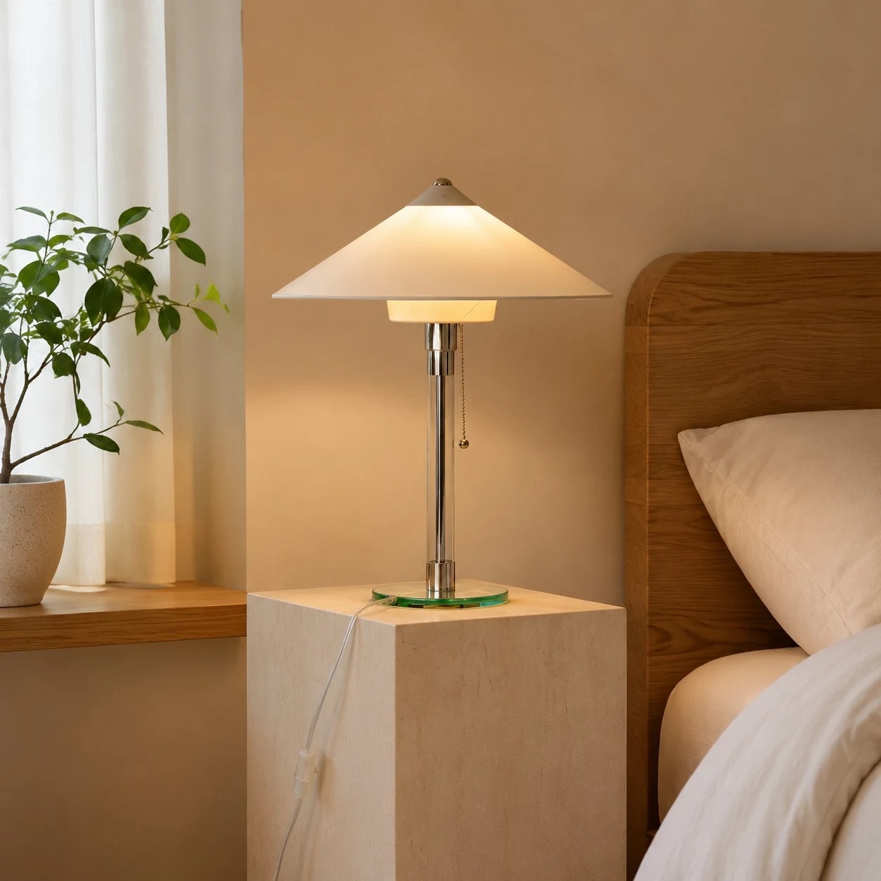 Szene mit einer Nachttischlampe im Schlafzimmer, die warmes Licht ausstrahlt