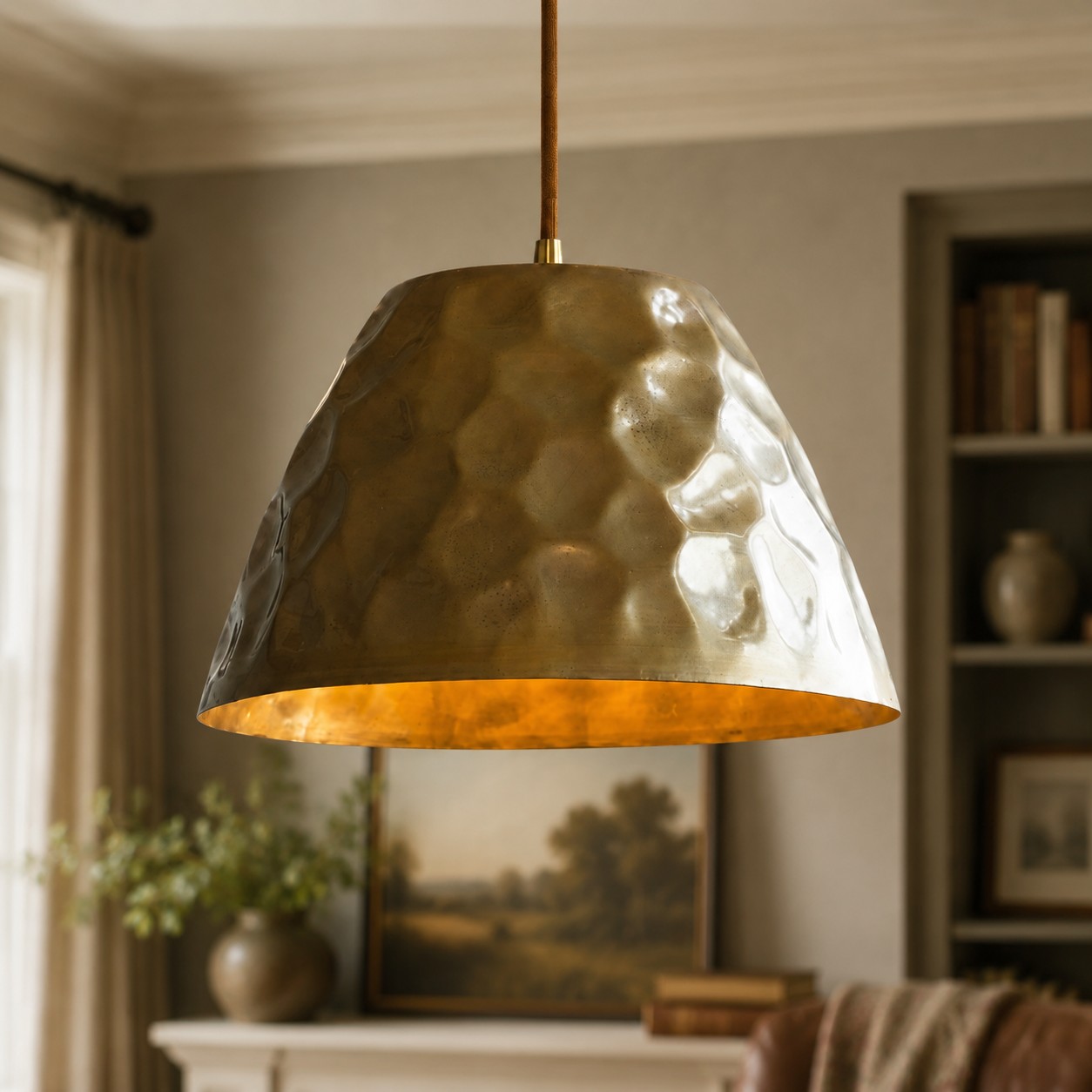 Hammered brass pendant in a warm classic room