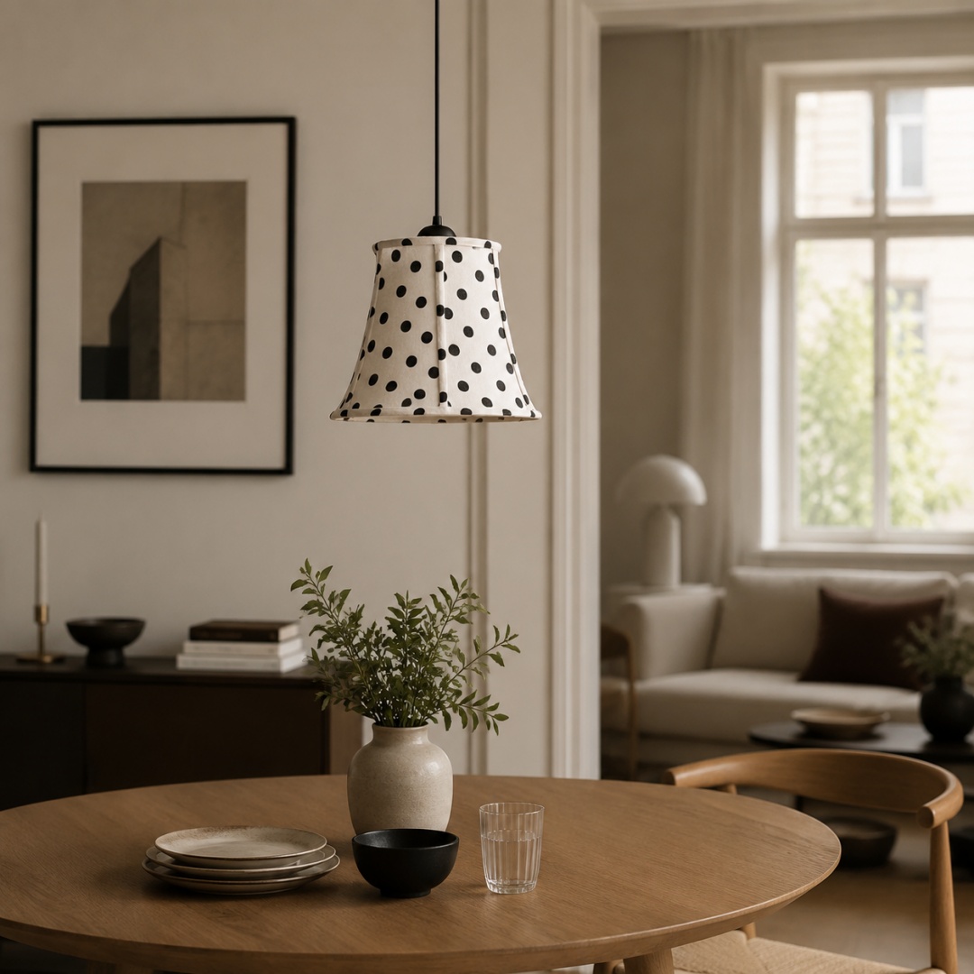 Lámpara colgante color crema con lunares instalada sobre una mesa de comedor en una habitación cálida.