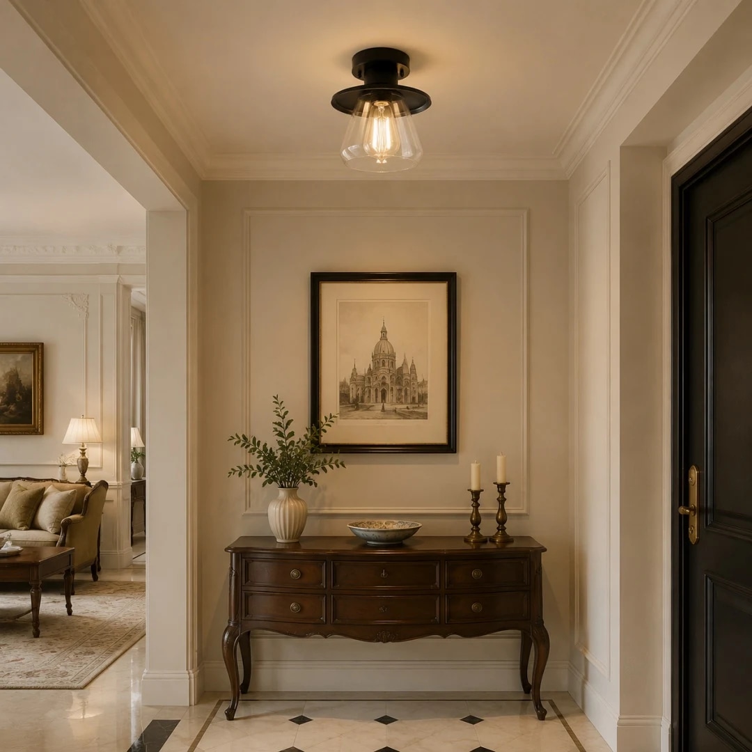 Plafonnier vintage en verre noir installé dans un couloir d'entrée