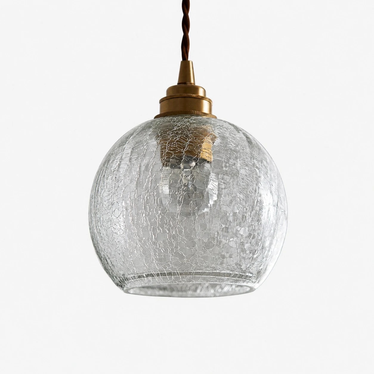 Suspension en laiton de style D avec abat-jour cylindrique en verre craquelé transparent