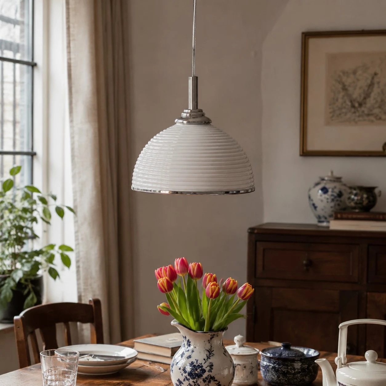 Suspension blanche côtelée au-dessus d'une table à manger ornée de fleurs