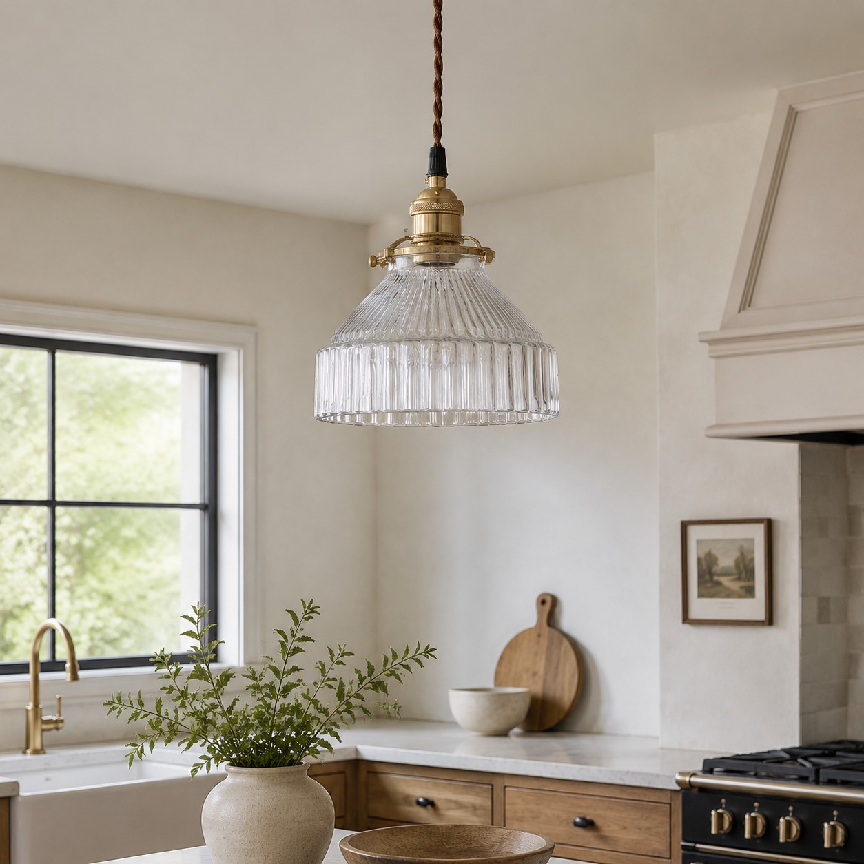 Suspension en laiton et verre installée dans un intérieur chaleureux