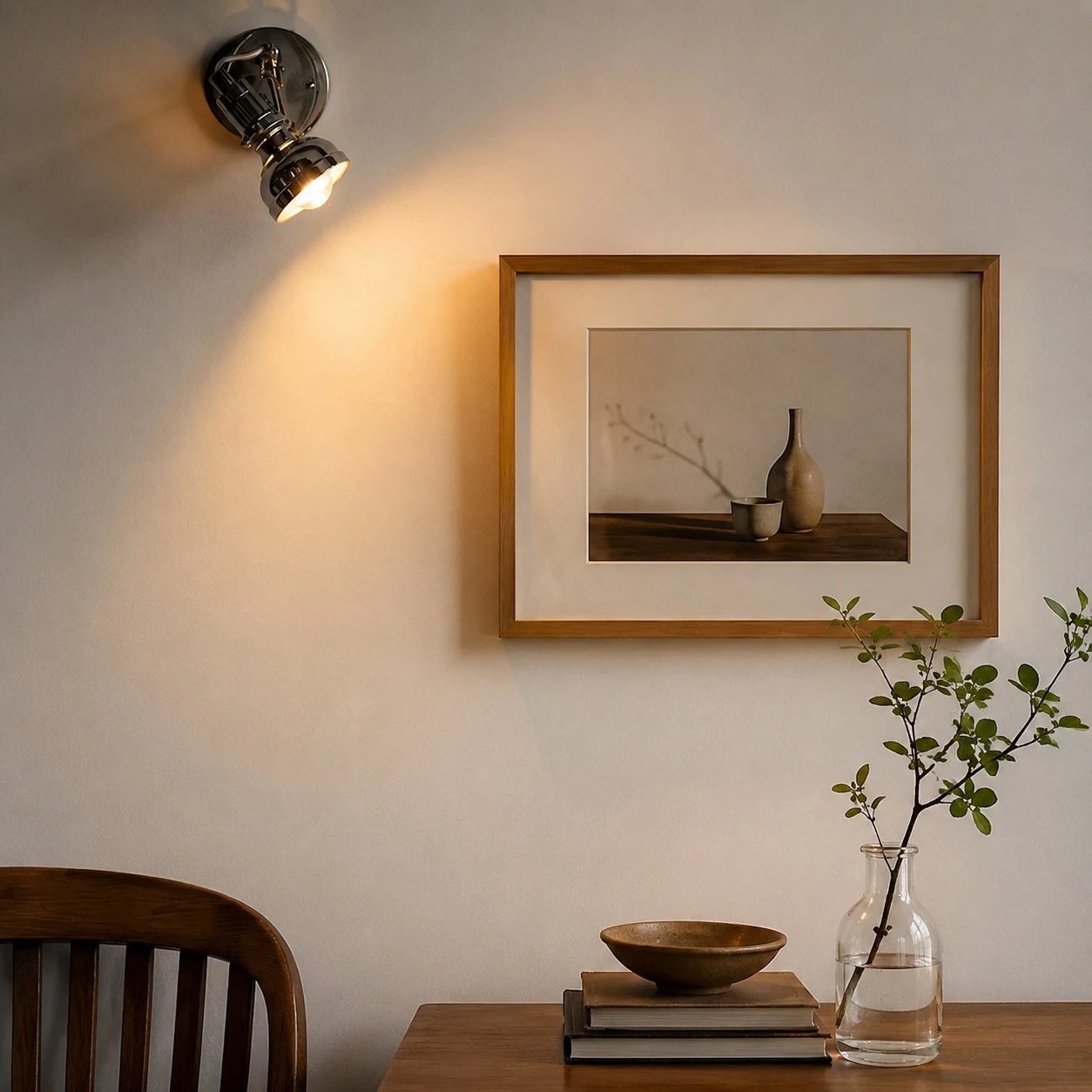 Vintage industrial aluminum wall sconce styled above a table and framed artwork
