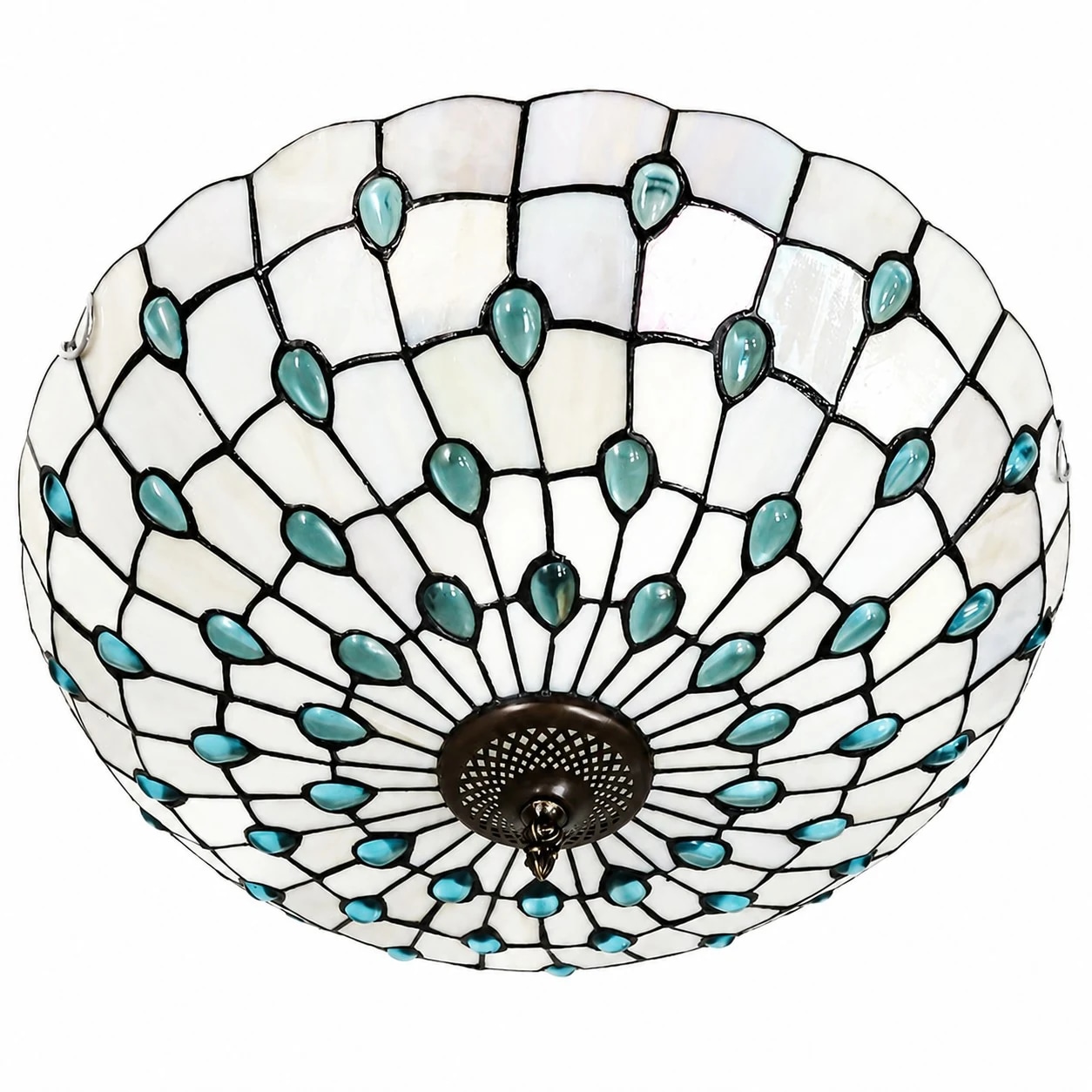 Lámpara de techo empotrable de 50 cm con 3 luces, cuentas azules y diseño de concha plateada.