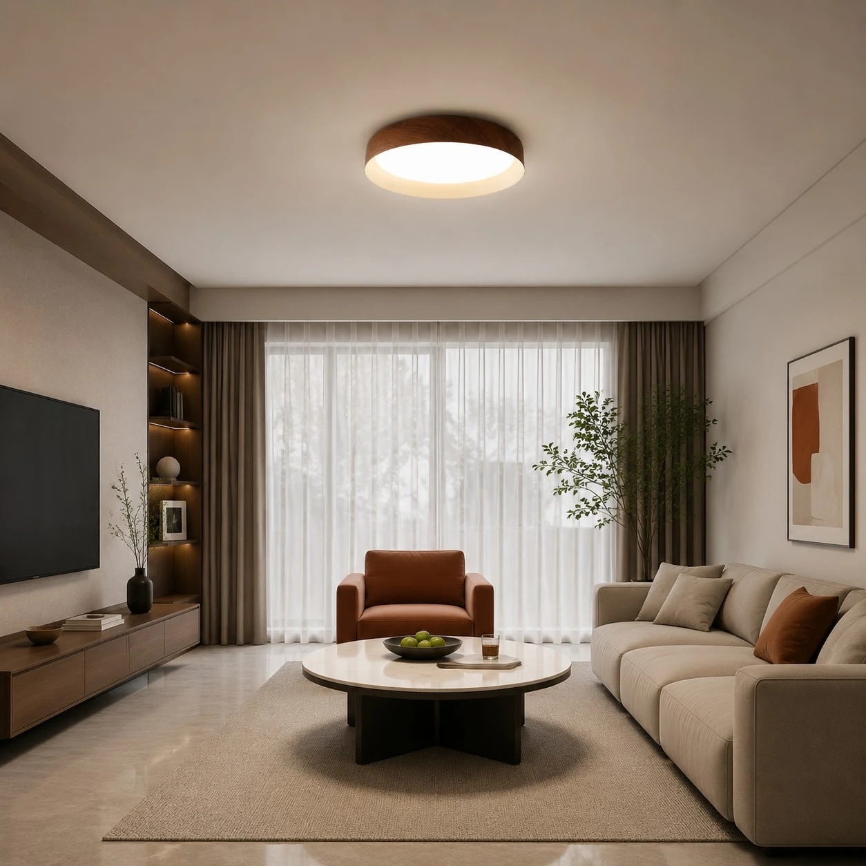 Wood color ceiling light installed in a neutral living room