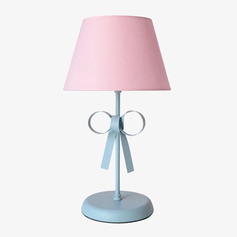Lámpara de mesa con pantalla rosa y cuerpo azul