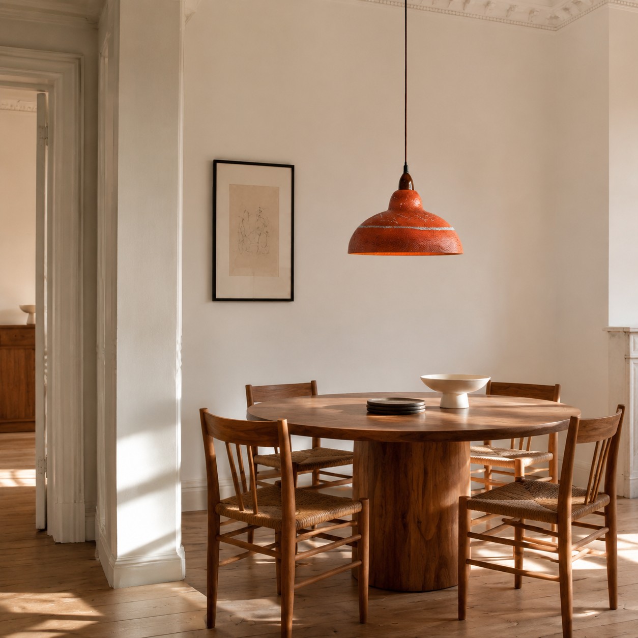 Suspension en terre cuite installée au-dessus d'une table à manger