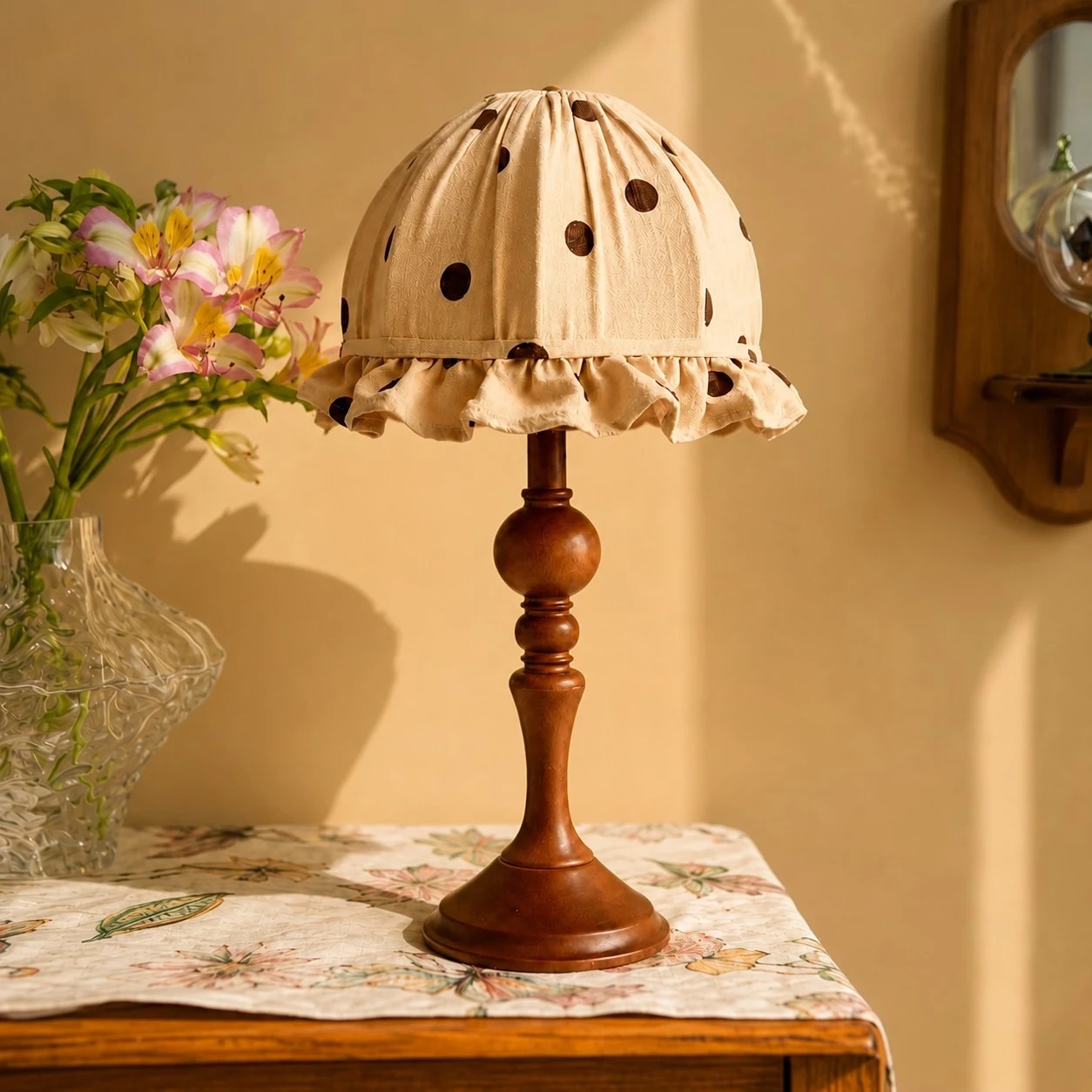 Lampe de table en tissu à pois posée sur une table en bois chaleureux