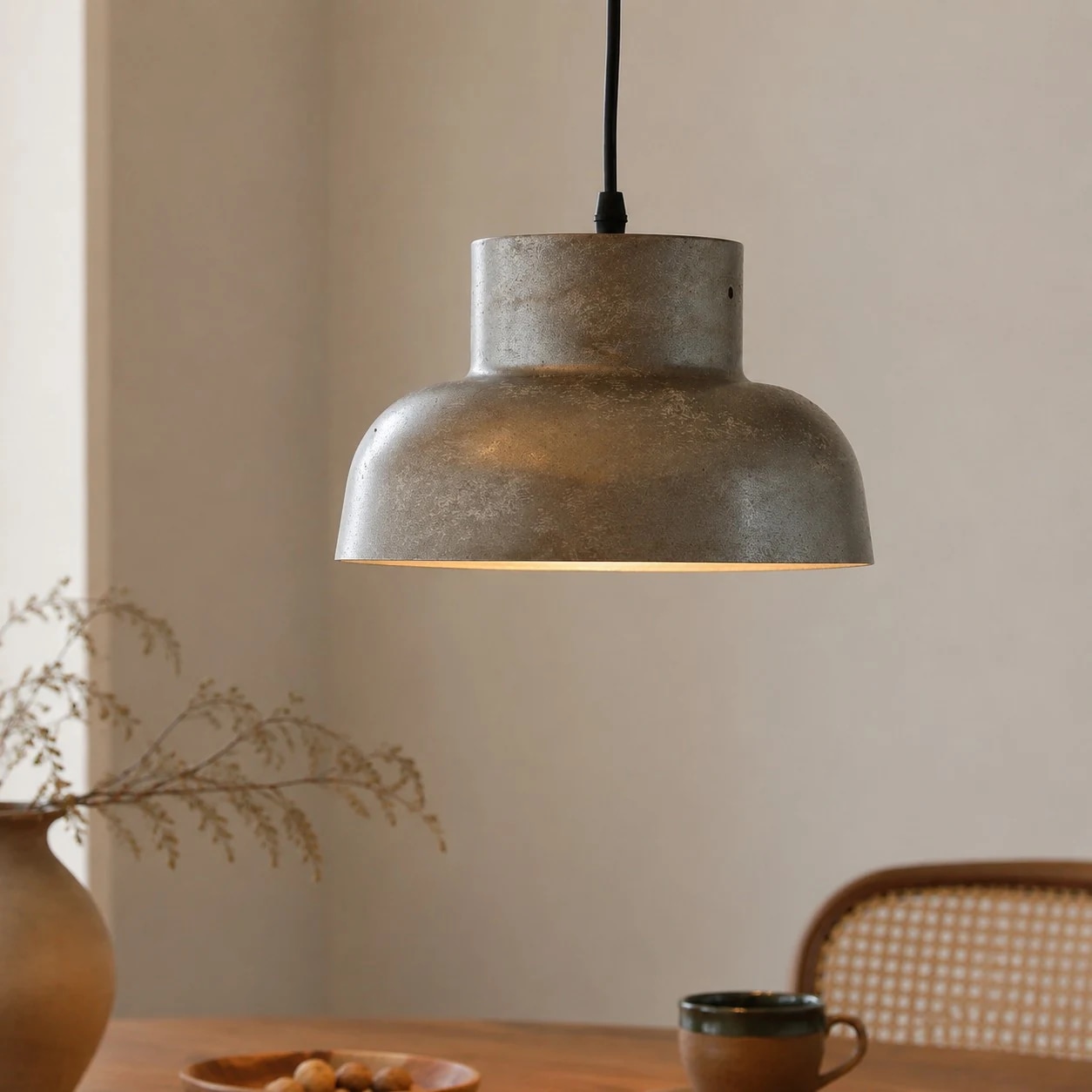 Suspension en métal vieilli au-dessus d'une table à manger