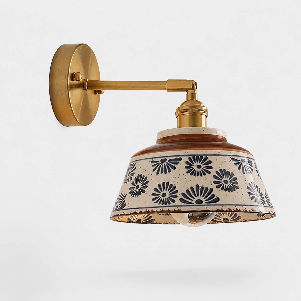 Vintage blauwe keramische wandlamp met bloemenmotief - productweergave