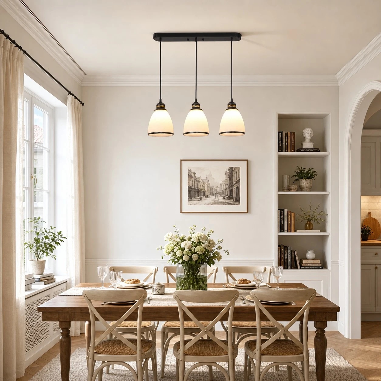 Suspension linéaire à trois lumières installée au-dessus d'une table à manger